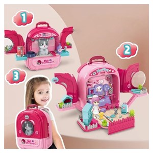 کوله پشتی ست نگهداری گربه خانگی رنگ صورتی _اسباب بازی مشاغل